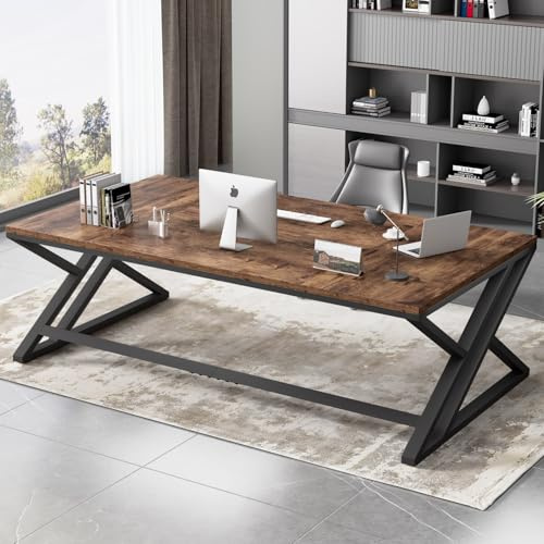HSH Rustic Computer Desk, Extra Large Industrial Home Office Desk, Long Modern Work Executive Pc Desk Study Writing table, Dual monitor Metal Wood Double Workstation for Two Person, Rustic Brown 180CM