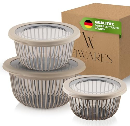 Viwares 3-skålset med lock stapelbar (6 delar) – 1, 2, 3 l – BPA-fri – för beredning av deg och servering av sallader, bröd, grönsaker, blandningsskål diskmaskinssäker, beige