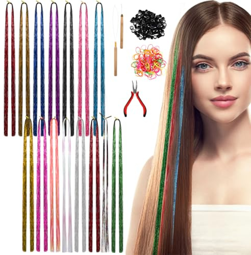 Healvian Gold Glitzer Haarsträhnen Set Mit Metall Haarklammern 16 Farben Tinsel Extensions Für Frauen Mädchen Kinder Haarschmuck Zubehör