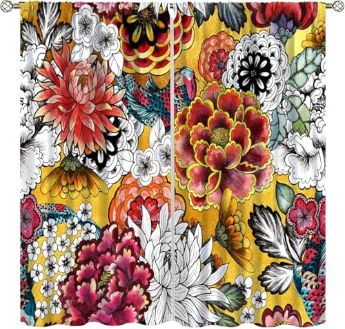 Schattierung Vorhänge 2Er Set 3D Bunte Retro-Blumen Druck Isolierung Schalldichte Kinder Gardinen Blickdicht Mit Ösen Vorhang Fenster Für Wohnzimmer Schlafzimmer Balkon 140X160 cm (B + H)-593940717