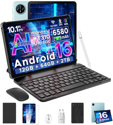 DOOGEE Tab A9 Android 16 Tablet con Tastiera, Tablet 10 Pollici Gemini AI, 1280 * 800 HD IPS, 12GB RAM + 64GB ROM, 6580mAh, WiFi 5, Doppia Speaker, 8MP+5MP, Tablet in Offerta Face ID/OTG-Blu