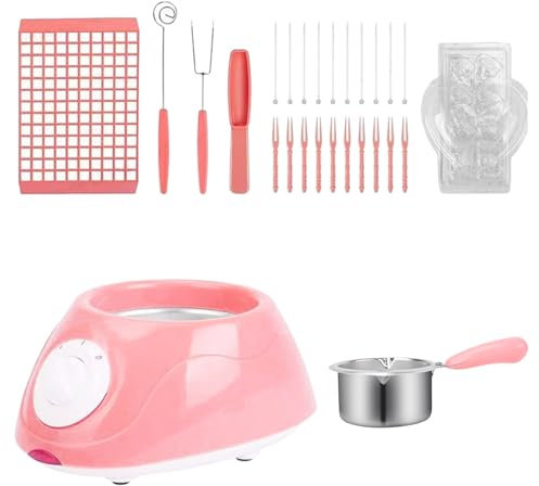 Electric Chocolate Melting Pot, Plastic Hot Chocolate Melting Pot, Chocolate Marshmallow Candy Melting Warming Fondue Set, Dipping Pot with Chocolate Mold Trays & Dipping Forks (Pink)