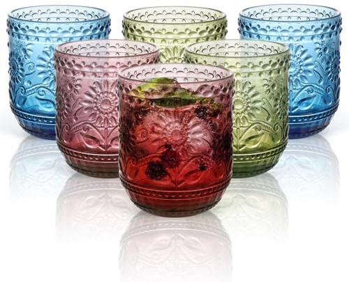 AstraLoom Trinkgläser Set bunt,6er Set Gläser Set 360ml - Spülmaschinengeeignet & Stapelbar-Wassergläser,Saft, Limo,Vintage-Design(Farbig)