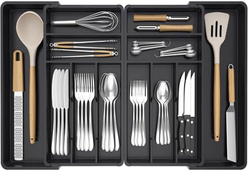 Lifewit Grand Range Couverts, Largeur de 46 à 70 cm, Organisateur Couverts Réglable pour Tiroirs, Profondeur 42,4 cm, Rrangement de Cuisine Amovible, Porte Ustensiles pour Fourchettes/Couteaux, Noir