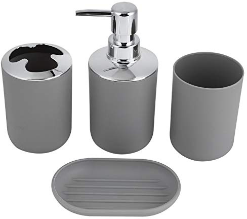 Ensemble de Salle de Bain, Distributeur de Savon et Porte-Brosse à Dents, Accessoires de Salle de Bain, Ensemble de Comptoir avec Accessoires, Rangement de Bouteilles de Lotion (Gray)