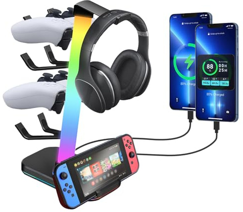 VCOM RGB Gaming Headphones Stand with 10 Light Modes, 4 Controller Holder with 1 USB & 2 Type-C Charging Ports,Headset Stand Suitable for All Earphone Accessories, Best Gift for Desk Gamers