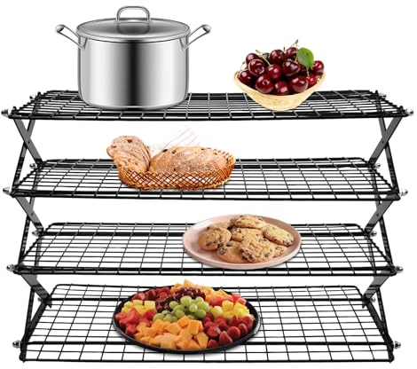 4-Tier Collapsible Cooling Rack – 16 x 10 Adjustable Stackable Non-Stick Wire Rack for Baking, Roasting, Cookies, Cakes, Drying, Picnic & BBQ, Each Tier Holds 22 Lbs