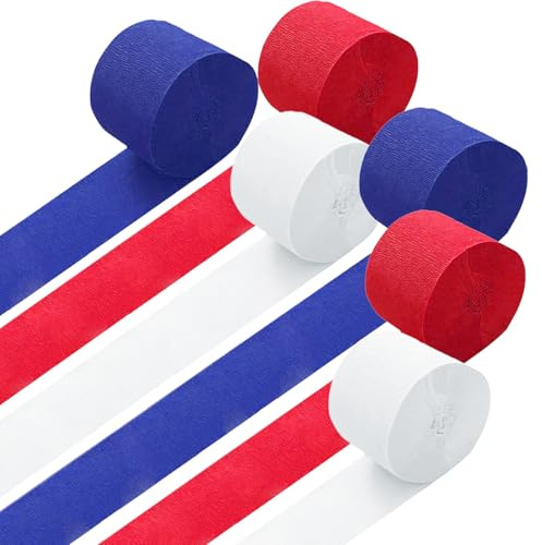 GAKA FAVOR Krepppapier Rot Blau und Weiß（6 Rolle）4.5cm x 25m Kreppbänder Luftschlangen für Hochzeit Geburtstags Party Feier Dekoration