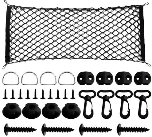 90 x 30 cm Rete bagagli per bagagliaio, rete bagagliaio auto, rete elastica per bagagli camper, con 4 ganci, 4 ganci rotondi, 4 anelli a D, 4 fibbie fissaggio, per la maggior parte dei tipi di veicoli