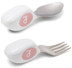 doddl Toddler Utensils, Ergonomic Fork and Spoon Set for Self Feeding, Stainless Steel Silverware for 1-3 Year Olds, BPA Free, Dishwasher Safe (Dusky Rose)