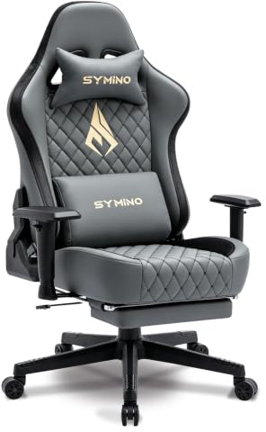 Symino Silla Gamer Ergonómico - Silla Gaming con Soporte Lumbar Ajustable, Reposacabezas, Apoyabrazos 2D y Reclinable - Piel Sintética Grey, Capacidad 200kg