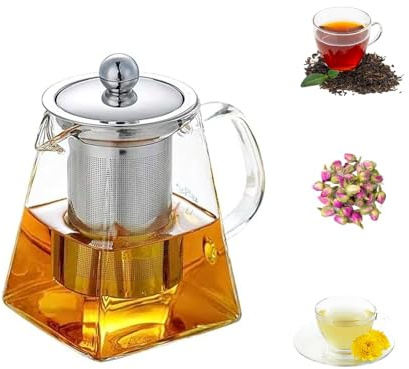 Square Glass Teapot with Infuser – 550ml Borosilicate Glass Tea Pot with Removable Stainless Steel Strainer – Handmade, Heat Resistant & Dishwasher Safe, Ideal Choice for Tea Lovers