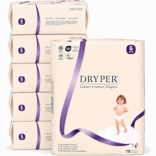 Baby Nappies Size 6 DRYPER 108ct Oeko-TEX Hypoallergenic Soft Diapers 16kg+ | Day & Night Vegan Ultra-Dry Eco Diapers, High Absorbency Lock, 55% Ultra-Thin Core, Flexi-Fit Comfort for 16kg+,Monthly Pack.