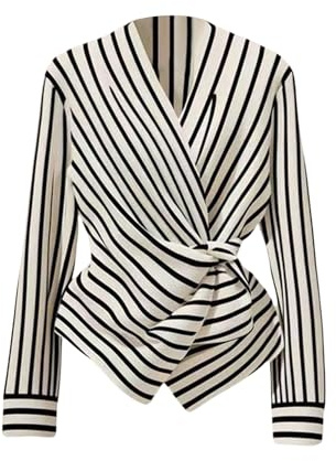 GORGLITTER Women's Dressy Wrap Peplum Blouse Tops Casual Striped Tie Waist Long Sleeve V Neck Baby Doll Shirts Tops Black and White Large