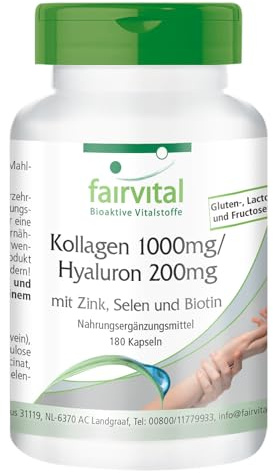 fairvital Hyaluronsyra-kollagenkomplex, 180 kapslar, berikad med biotin, selen, zink, C-vitamin från acerola, kvalitetskontrollerad och högdoserad, tillverkad i Tyskland