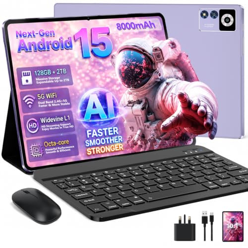 Tablet 10 Inch Android 15, 30GB RAM+128GB ROM (TF 2TB), 5G WiFi Tablets,Gemini AI/Widevine L1/8000 mAh/Octa-Core 2.0 GHz/Bluetooth 5.0/GPS/Face ID/2-in-1 Tablet with Mouse and Keyboard - Purple