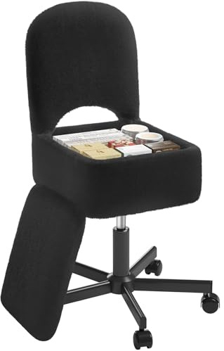 Rolanstar Schminktisch Stuhl mit Stauraum, Schminkstuhl, Höhenverstellbar, 360° Drehbar, Schreibtischstuhl mit Bequemer Klappbarer Rückenlehne, für Schminktisch, Schlafzimmer, Büro (Schwarz, Größe S)