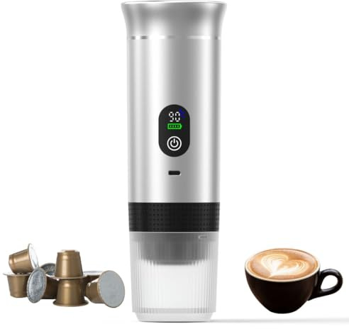Kubiq Cafetera portátil espresso 20 bares con pantalla LED, Máquina de café 80 ml compatible con cápsulas y café molido, Carga USB-C para coche u oficina, Ideal para viaje, Presión profesional