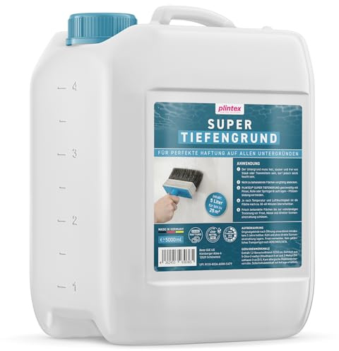 PLINTEX® Super Tiefengrund Innen & Außen 5 L für ca. 25m² - Haftgrund, Tiefgrund & Sperrgrund geruchsarm & lösemittelfrei - Grundierung für Fliesen, Beton, Wand, Putz & Holz I Made in Germany