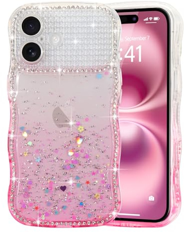 LCHULLE Compatibile con iPhone 16 Plus Cover Glitter Ondulata, Rosa | Custodia con Brillantini, Traslucida Design Forma Ondulata, Decorazione con Scintillante Strass, Silikon Glitter Case
