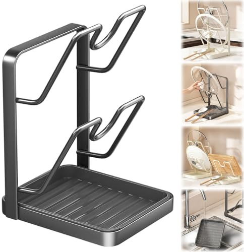 Topfdeckelhalter für die Arbeitsplatte, 2-stufiger Topfdeckel Organizer mit Abtropfschale & Löffelablage, Deckelhalter Küche für Pfannendeckel, Schneidebrett & Kochbuch, stabil und leicht zu (2 Black)