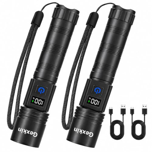 Gexkin Taschenlampe LED Aufladbar 2 Stück, USB-C, LCD-Akkuanzeige | 5 Lichtmodi, 7000 Lumen, Zoombar und IPX5 – Extrem Hell für Camping, Wandern und Notfälle