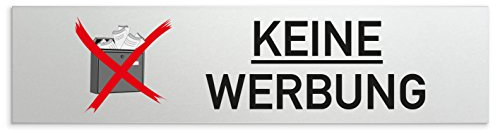 Türschilder24 Aluminium Türschild - Briefkastenschild Keine Werbung 160 x 40 x 1,5mm (Oberfläche veredelt) • Selbstklebend