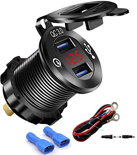 iMESTOU Caricabatteria da Auto in Alluminio a Ricarica Rapida 3.0 Dual USB per Caricabatterie per Telefono Presa di Corrente USB Impermeabile con Voltmetro 10A Fusibile per 12V/24V Auto/Barca/ATV/UTV