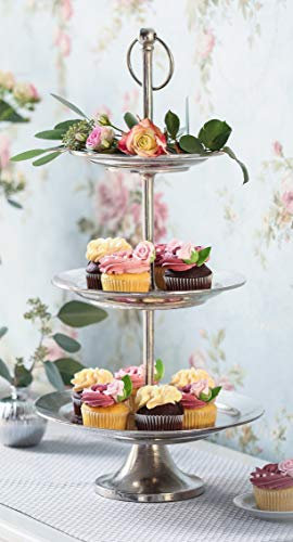 Dekoleidenschaft große Etagere Maison aus Aluminium, silber glänzend, 3-stöckig im Antik Look, Tortenständer mit 3 Etagen, Gebäckständer, Ständer für Muffins & Kuchen, Obstetagere, Muffinständer