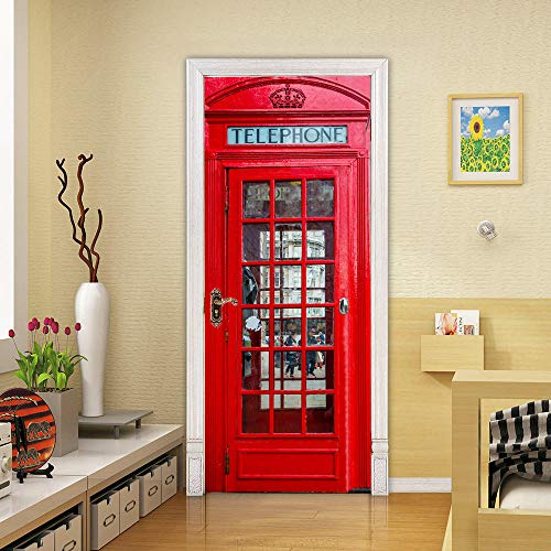 Türtapete Selbstklebend TürPoster Rote Telefonzelle Türaufkleber PVC Türfolie Türsticker Wandbild Poster DIY Fototapete Türbild für Kinderzimmer Wohnzimmer Küche Schlafzimmer Dekoration 88cm*200cm