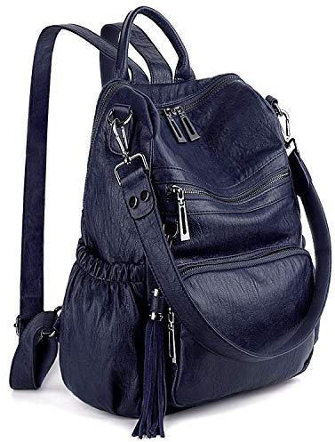 UTO Damen Rucksack PU Washed Leder Modischer Multifunktionsrucksack mit Quastendesign Lässige Schultertaschen vielen Kompartiment Reißverschluss Umhängetasche Rucksack Schule Schulrucksack Dunkelblau