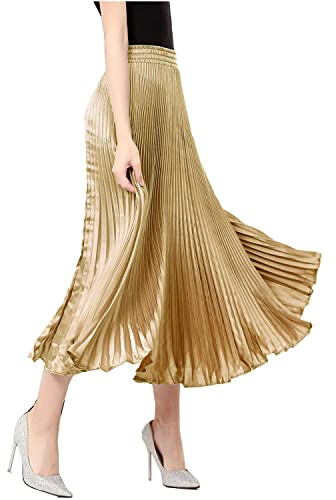 TONCHENGSD Langer Maxirock für Damen, Satin, Metallic, plissiert, Akkordeon, lang