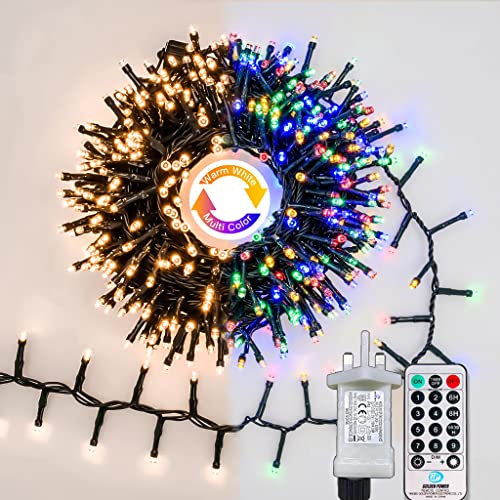 Gresonic Christmas Tree Fairy Lights 300 LED 6m/19.7ft Warm White to Multicolor Indoor, 9 Modes Timer Green Cable Wire String Twinkle, Waterproof Plug in Mains Powered for Garden Fence Decorations