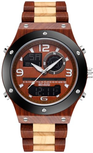RORIOS Herren Holz Uhren Multifunktions Quarzuhr mit Stoppuhr Alarm Digitale Handgefertigte Holzuhren Leuchtuhr für Männer Chronograph Armbanduhr