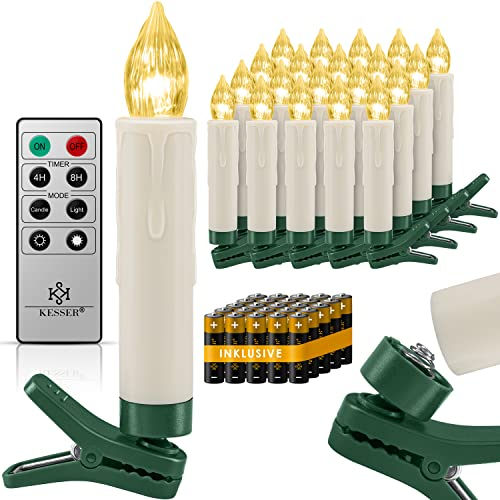 KESSER® Candele per albero di Natale 20 LED's, Incl. batterie, Senza fili, Bianco caldo, con telecomando, Funzione timer, Dimmerabile Candele per albero di Natale