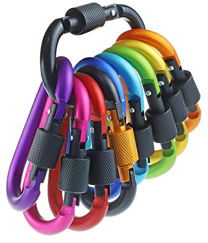 IEBUOBO 10 Pack Aluminum D Ring Key Rings Hiking Clips Locking Carabiner for Hiking Camping Fishing and Outdoor Use，Clips with Screw Gate Multicolored