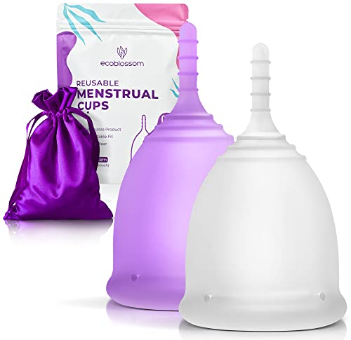 EcoBlossom Reusable Menstrual Cup Set - The Most Reliable Medical Grade Silicone Period Cups - Comfortably use for 12 Hours (Small & Large)