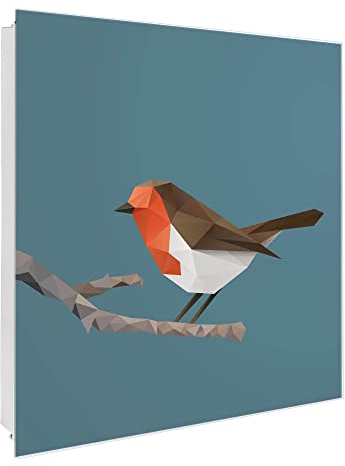 banjado Großer Schlüsselkasten Glas - Schlüsselbox 30x30cm mit 50 Haken - Schlüsselkasten modern für Schlüsselaufbewahrung mit beschreibbarer, magnetischer Glastür - Motiv Vogel Poligon