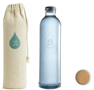 Bouteille en verre recyclé Omwater Gratitude 1,2 L sans métal lourd avec capuchon hermétique et housse résistante en chanvre/coton pour voyager, aller à la salle de sport, au bureau, à la plage