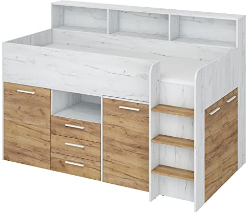 BIM Furniture Etagenbett NEO P Kindermöbel, Möbelset für Kinderzimmer, EIN Bett mit Schreibtisch, Regalen, Schubladen: Rechte Seite (Craft weiß/Craft Gold)