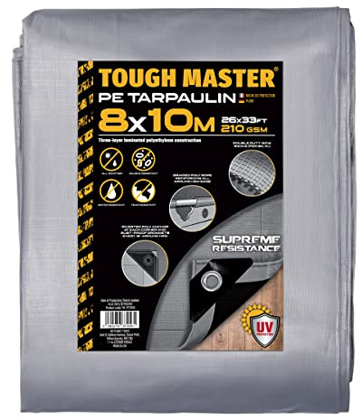 TOUGH MASTER 7 Sizes Heavy Duty Tarpaulin Waterproof Cover Tarp Ground Sheet (Grey/Black, 8 X 10M)