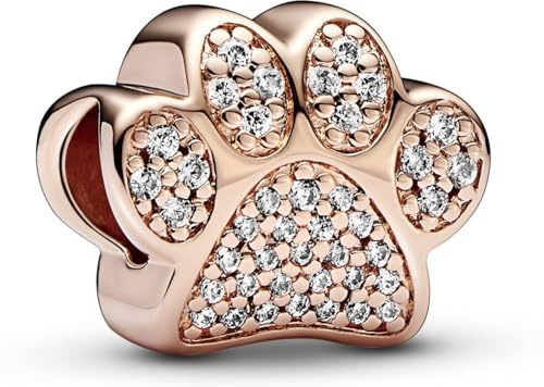 PANDORA Funkelnder Pfotenabdruck Charm aus 14 Karat rosévergoldeter Metalllegierung mit Zirkonia - Kompatibel mit PANDORA Moments Armbänder