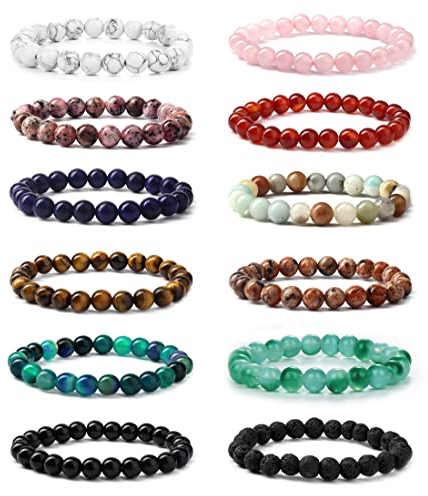 YADOCA 12 Stück 8mm Perlenarmband für Herren Damen Heilung Naturstein Armband Halbedelsteine Armbänder Kristall verstellbar Elastic Herren Armband Perlen Set