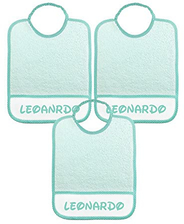 ALMATEX SRL 3 baberos personalizados con nombre, tamaño maxi, 29 x 36 cm, de rizo con elástico y bolsillo recogemigas personalizado con nombre, 100% algodón, fabricado en Italia, Verde, cm.29x36