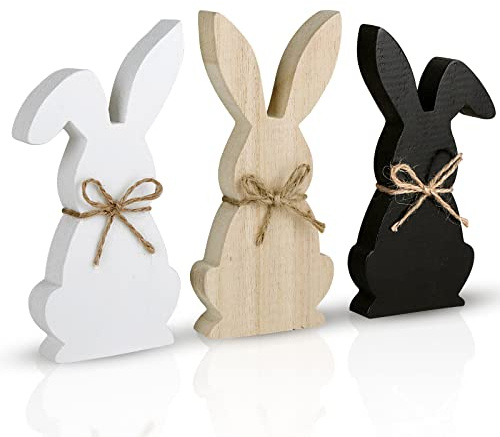 Easter Decorations for the Home, 3 pcs Easter Bunny Wooden Table Centerpiece Signs Rustic Tiered Tray Farmhouse Decor for Gifts, Black, White, Natural Wood Color