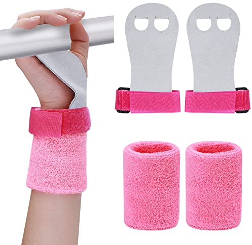 Abeillo 2 Gymnastics Grips Wristbands Sets for Girls Youth Kids, Pink Gymnastic Hand Grips Gymnastic Bar Palm Protection and Wrist Support Sports Accessories for Kids Workout and Exercise(Small)