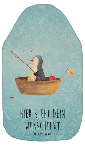 Mr. & Mrs. Panda Personalisierte Wärmflasche Pinguin Angelboot - Eisblau