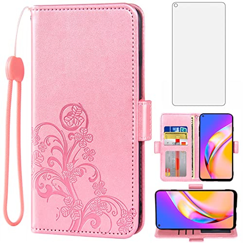 Asuwish Compatible with OPPO A94 5G/A95 5G/Reno 5Z/F19 Pro+ Plus Wallet Case and Tempered Glass Screen Protector Flip Wrist Strap Credit Card Holder Cell Phone Cover for Reno5 Z Women Men Rose Gold
