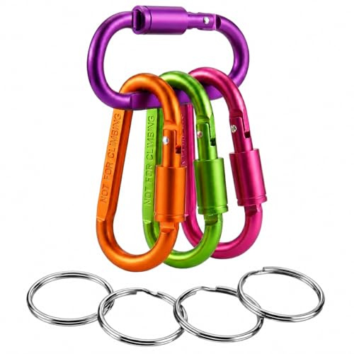 ODLY 4 Pack Locking Carabiner Clips with Keyrings, Purple Orange Green & Pink Aluminium Alloy D-Ring Key Hooks, Lightweight Screw Lock Clips for Camping, Hiking & Travel, Not for Climbing