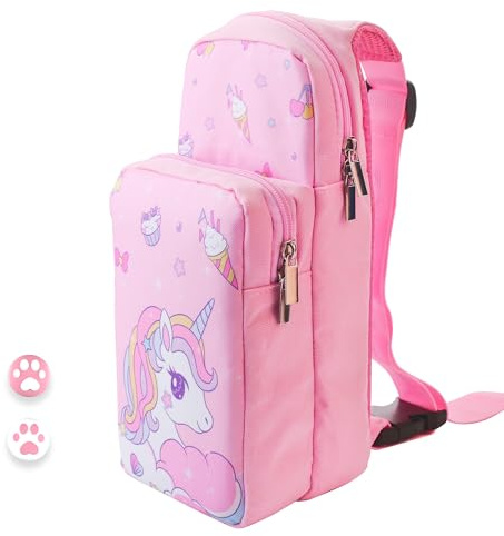HYPERCASE Travel Bag for Nintendo Switch/OLED/Lite, Pink Shoulder Storage Bag for Unicorn, Portable Carrying Backpack for Games Accessories Console & Dock Charger, Bundle with 2 Cute Thumb Grip Caps